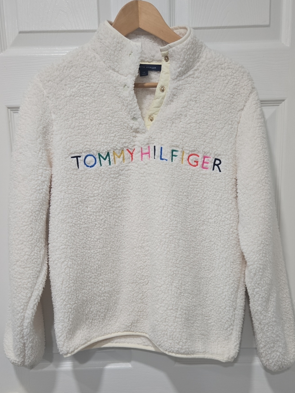 Tommy Hilfiger Cream Sherpa Snap Pullover with Multicolor Logo